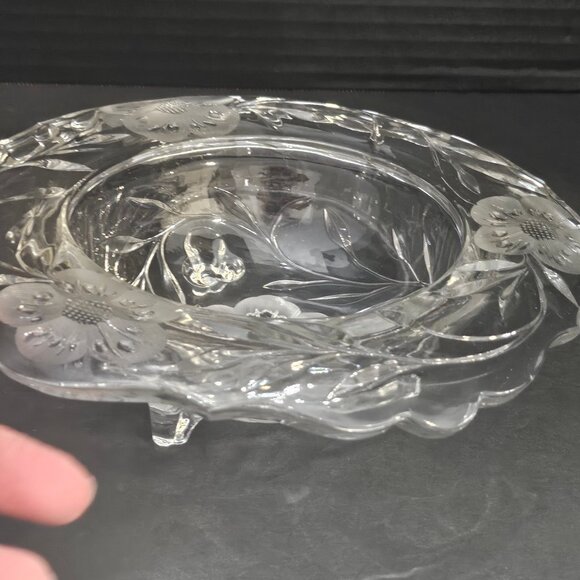 Vintage European Cut Crystal Round Floral Etched Tri-Footed Thick Bowl - Picture 1 of 13
